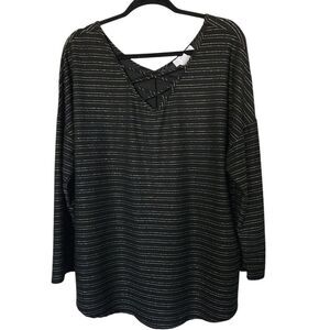 Moa Moa Womens Plus Silver Gold Black Metallic Striped V-Neck Blouse Size 2X
